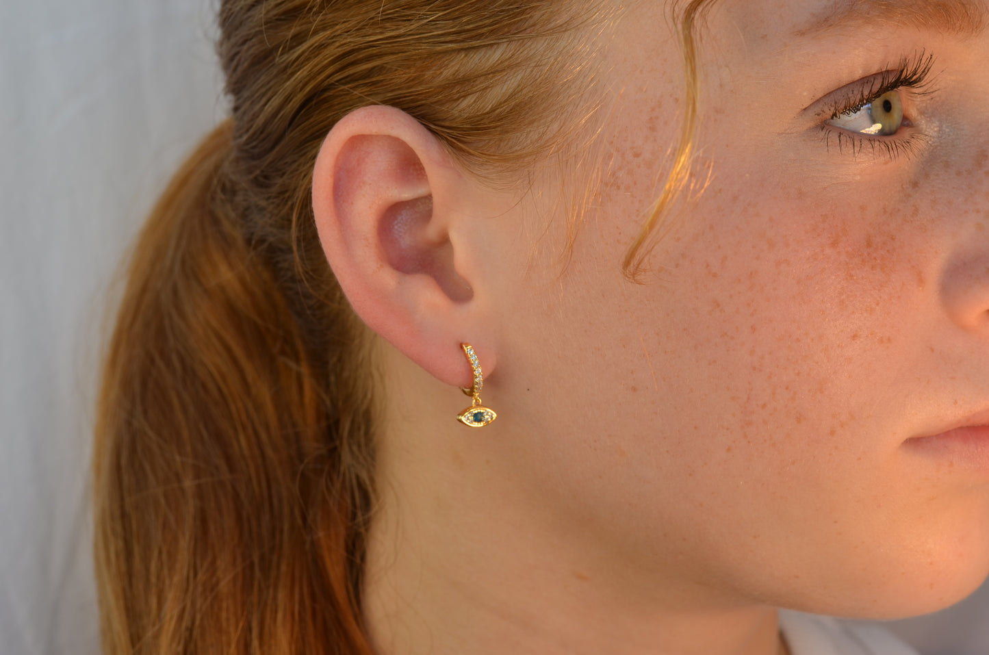 Gold CZ Eye Dangle Hoops